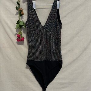 Zara Black Sleeveless V-Neck Glitter Stripe Bodysuit